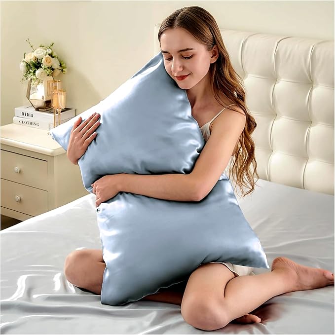 100% Mulberry Silk Pillowcase for Hair and Skin Made in USA, Real 22 Momme Silk Pillow Cases Queen, Not Satin Pillowcase, Anti Acne,Zipper Closure, 1 Pc 20"x30" (Queen, Blue Grey)