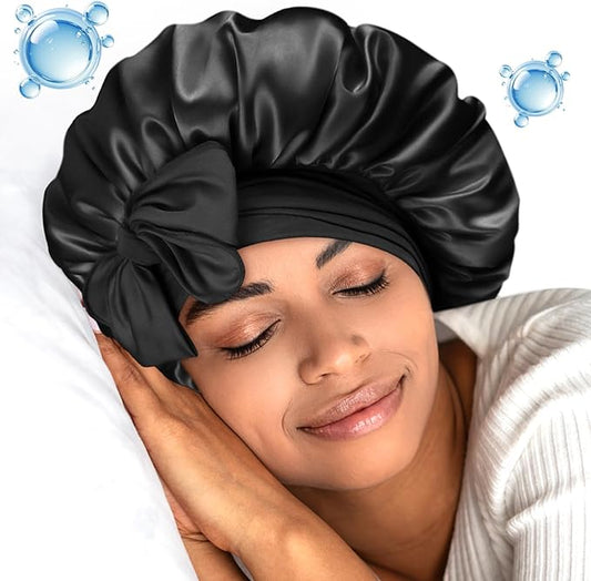 Silk Bonnet for Sleeping Women Double Layer Hyaluronic Acid Satin Bonnet with Adjustable Tie Band Sleep Cap for Curly Hair