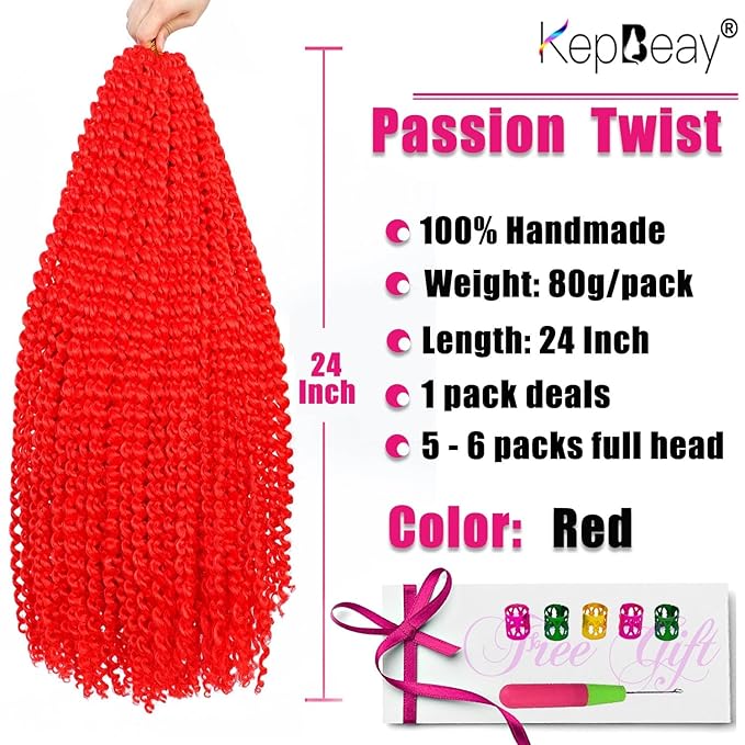 Passion twist hair Passion Twist Crochet Hair Water Wave Crochet Hair for Black Women (24 Inch (Pack of 1), Red)
