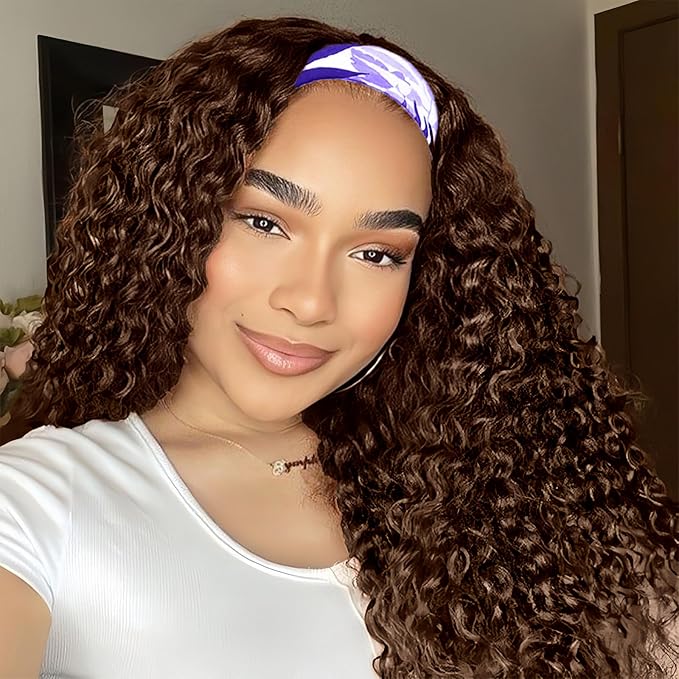 Chocolate Brown Headband Wig Human Hair Curly 22 Inch Machine Made None Lace Front Wig #4 Chocolate Brazilian Virgin Water Wave Headband Half Wigs for Black Women Human Hair