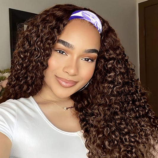 Chocolate Brown Headband Wig Human Hair Curly 22 Inch Machine Made None Lace Front Wig #4 Chocolate Brazilian Virgin Water Wave Headband Half Wigs for Black Women Human Hair