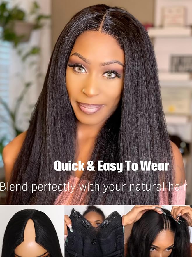 Julia Hair EasiContour V Part Kinky Straight Wigs Human Hair Glueless Yaki Straight Vpart Wig Clip in Half Wigs No Leave Out Real Scalp Upgrade U Part Kinky Wig Beginner Friendly Natural Black 14 Inch