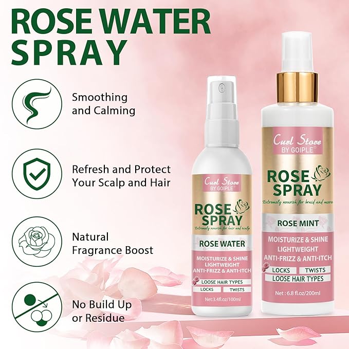 Rose Water Spray for Hair Scalp Moisturize, Daily Moisturizing Refreshing, Rosewater for Hair Natural Loc Moisturizer Spray for Locs Care (200ml&100ml rose spray)