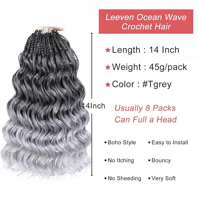 Leeven 14 Inch Pre Looped Curly Crochet Hair 8 Packs Ombre Gray Boho Ocean Wave Crochet Hair Short Ocean Braids Deep Wavy Synthetic Hair for Women