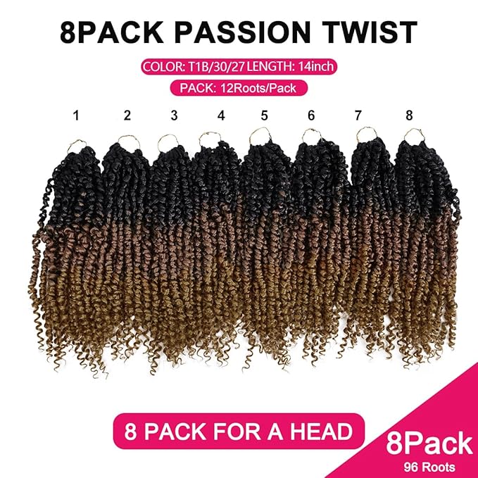 NAYOO Passion Twist Hair - 8 Packs 14 Inch Passion Twist Crochet Hair For Women, Crochet Pretwisted Curly Hair Passion Twists Synthetic Braiding Hair Extensions(14 Inch 8 Packs, T1B/30/27)