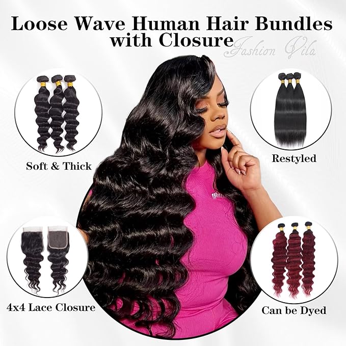 Loose Wave Bundles Human Hair with Closure (20 22 24+18) 12A Brazilian Virgin Human Hair Loose Deep Wave 3 Bundles with 4x4 HD Lace Closure Unprocessed Human Hair Extension Natural Color