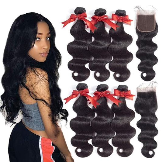 Brazilian Body Wave Virgin Hair Bundles with Lace Closure(18 20 22 with 16closure) Human Hair Unprocessed Body Wave Hair with Closure 4X4 Lace Free Part Natural Black Hair
