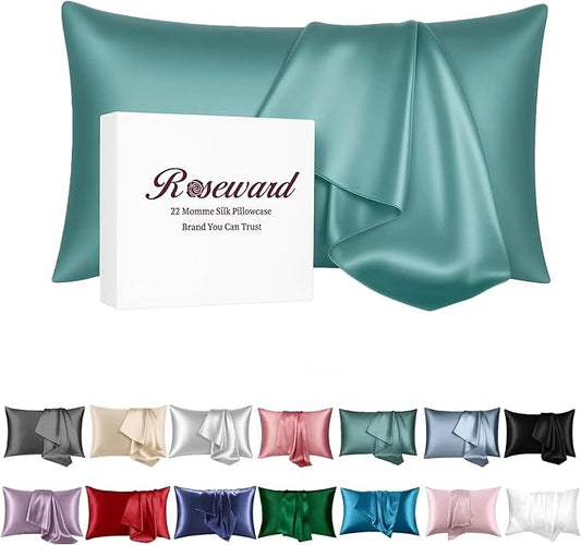 100% Mulberry Silk Pillow Case for Hair and Skin Made in USA, 22 Momme King Size Silk Pillowcase for Women, 6A Grade Organic Silk, Anti Aging, Anti Acne, 1 Pack 20"x36" (King, Mineral Blue)