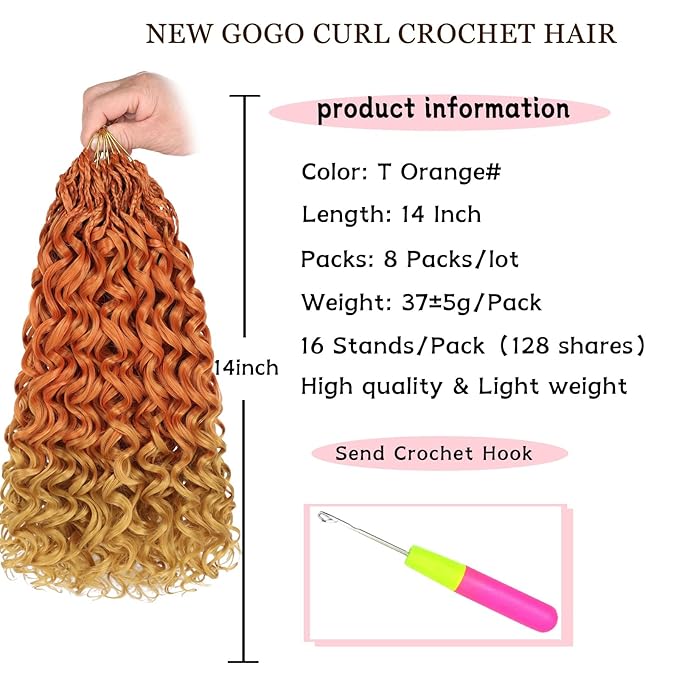 14 Inch Gogo Curl Crochet Hair Natural Black Ocean Wave Crochet Hair Deep Twist Pre-looped 8 Packs Goddess Box Braids Short Curly Water Wave Synthetic Braiding Hair for Women (16Strands/pack Torange#)