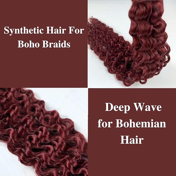 Braiding Hair Extensions Pre stretched Boho Curly Deep Wave Crochet Braids Dark Red | Prestretched | Kids | Ez Braid | Boho Braids | Hypoallergenic | Knotless | Itch Free |