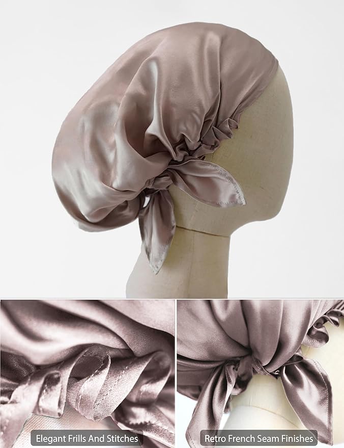100% Silk Bonnet for Sleeping, Large Silk Sleep Cap with Tie Band for Curly Hair, Dusty Rose