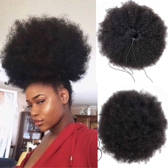 WENYU Afro Puff Drawstring Ponytail Human Hair Bun For Black Women 8A Brazilian Virgin Afro Kinky Curly Clip In Ponytail Extension Human Hair Pieces Natural Color (10 Inch, Drawstring Ponytail)