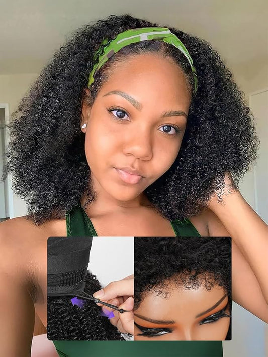 Kinky Curly Half Wig Human Hair Upgrade 4C Edge Hairline 200% Density Wear Go Glueless 3 In 1 Drawstring Seamless Flip Over Wig for Women Daily Wear Headband Wig Beginner Friendly (12 inch)