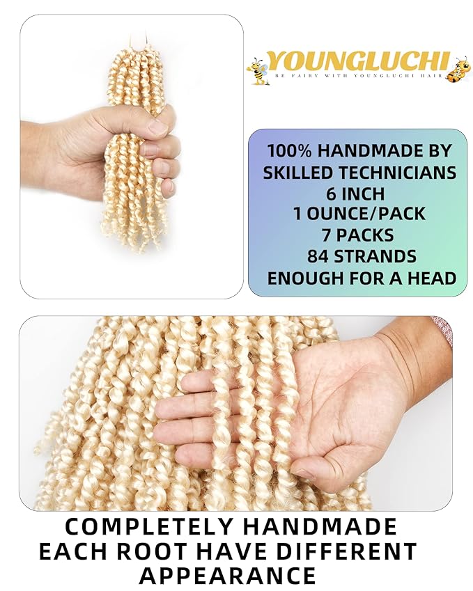 Super Short Passion Twist Crochet Hair for Black Women and Kids-6 Inch 7 Packs Blonde Pre Looped Pre-twisted Passion Twist Hair,Bob Spring Kinky Twist Bohemian Curl(6"-7P,613#)