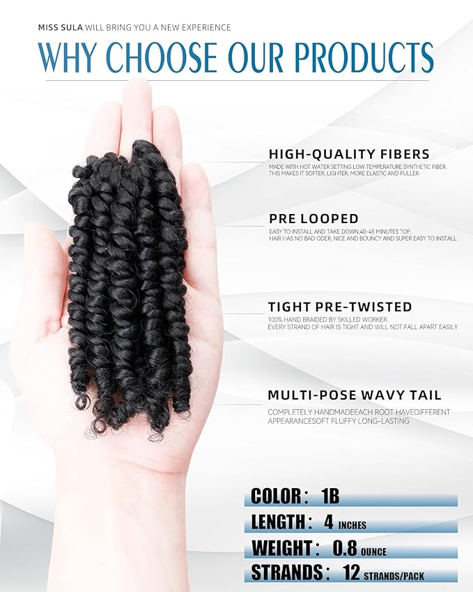 Pre-Twisted Passion Twist Crochet Hair for Black Women and Kids,Passion Twist Hair Pre Looped Bohemian Braids 4 Inch 8 Packs Short Bob Spring Twist Curly Braiding Crochet Hair Extensions(4"-8P,1B)