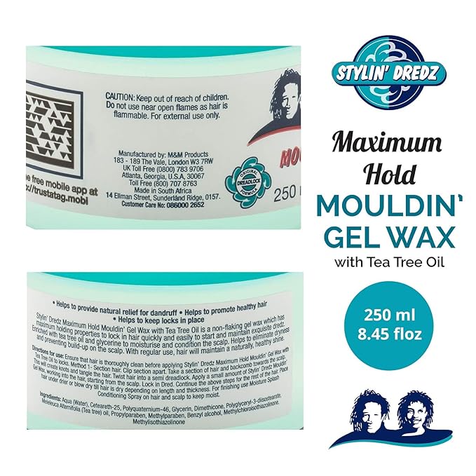 Stylin Dredz Mouldin' Gel Wax - Loc n Twist Gel - Dreadlock Gel Wax with Tea Tree Oil - 250 ml Single