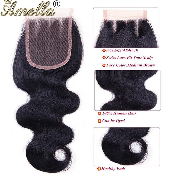 Amella Hair Brazilian Body Wave Virgin Hair 3 Bundles with Closure (12 14 16+12,Three Part) 8A Unprocessed Human Hair Bundles with Closure Wet and Wavy Hair Extensions