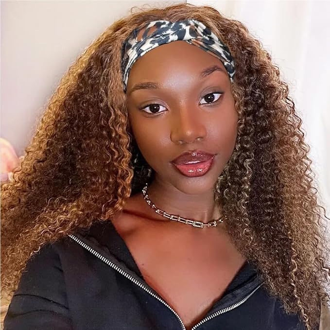 Smoothair Ombre Highlight Headband Wig Human Hair 4/27 Kinky Curly Headband Wig for Black Women 20 Inch None Lace Front Wigs Glueless Wear and Go 150% Density
