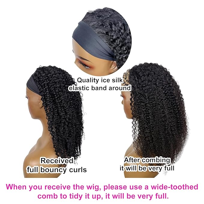 Kinky Curly Headband Wig Human Hair 28 Inch Headband Wigs for Women Human Hair Glueless None Lace Front Curly Wave Wigs Brazilian Virgin Hair Wear and Go Glueless Wig 150% Density Natural Black Color
