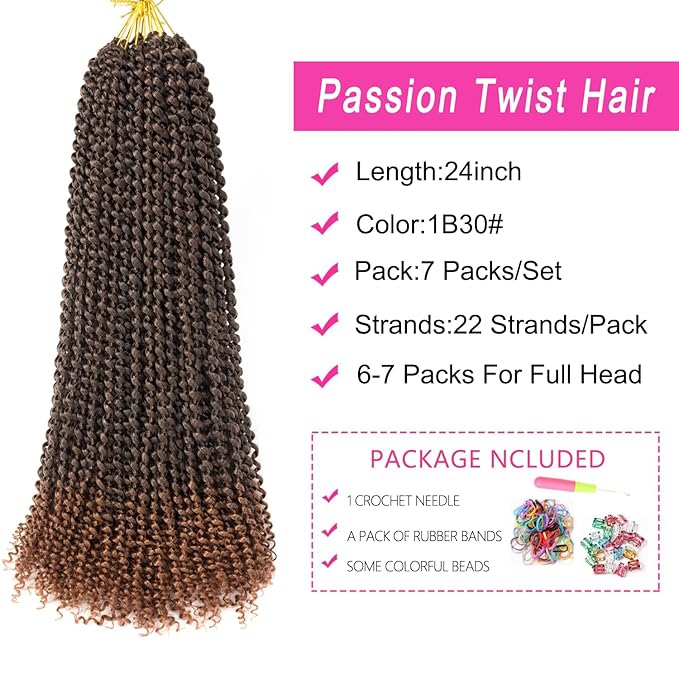 24 Inch Passion Twist Hair, Ombre Brown Water Wave Crochet Hair 22 Strands/Pack Long Passion Twist Crochet Hair for Women Bohemian Synthetic Curly Braiding Hair Extensions(24in,1B/30)