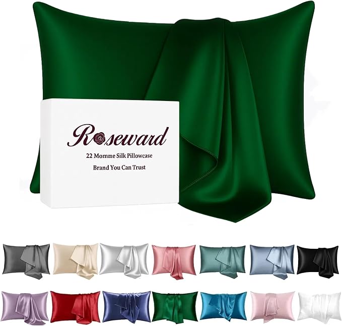 100% Mulberry Silk Pillowcase for Hair and Skin Made in USA, Real 22 Momme King Silk Pillow Cases with Zipper, Organic, 6A Grade, Washable, Anti Acne, 1 Pc 20"x36" (King, Emerald)