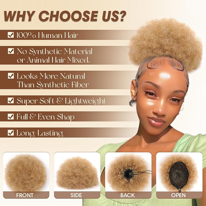 Ponytail Extension for Black Women #27 Honey Blonde 4c Human Hair Large Kinky Curly Durable Natural Soft and Smooth Hair Extensions Clip On Ponytail Bun