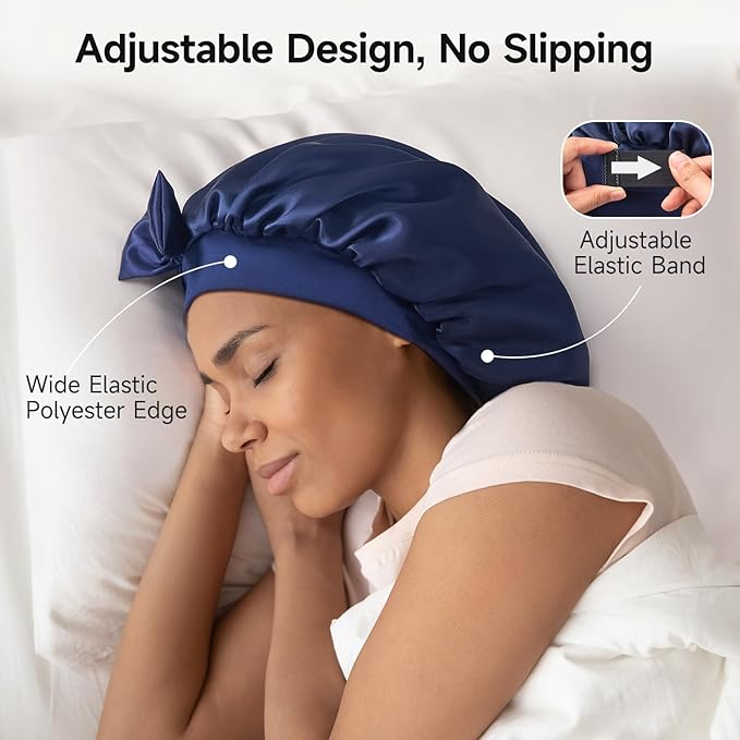 Umisleep Double-Sided 100% 22 Momme Mulberry Silk Bonnet for Sleeping Women, Large Silk Hair Wrap for Long Curly Hair, Non-Slip Sleep Cap with Adjustable Band, Navy Blue