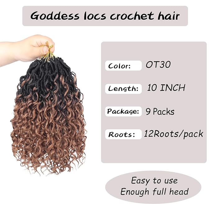 Goddess Locs Crochet Hair 10 Inch 9 Packs Synthetic Faux Locs Crochet Hair for Black Women, River Locs Hair Extensions Style Pre looped Crochet with Curly Ends