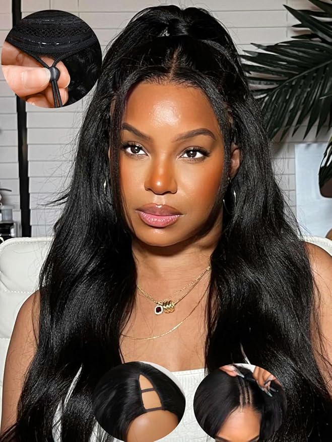 Julia Hair V Part Wig Human Hair Yaki Straight Glueless Wigs for Women 12A Briazilian Remy Hair Upgrade U Part Wig No Glue No Leave Out Beginner Friendly Natural Color 20 Inch Yaki Wig