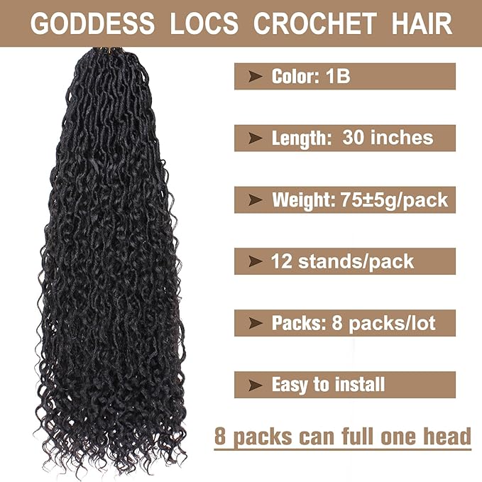 COOKOO Natural Black Faux Locs 30 Inch Crochet Hair for Women - 8 Pack, Pre-Looped Goddess Loc Extensions with Curly Ends - Boho Style Synthetic Hair