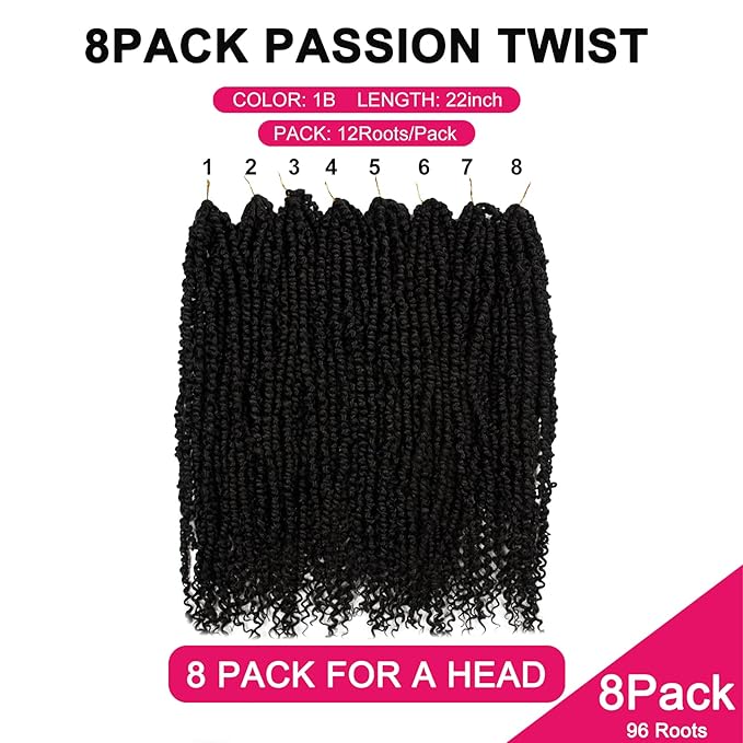 Passion Twist Hair - 8 Packs 22 Inch Passion Twist Crochet Hair For Women, Crochet Pretwisted Curly Hair Passion Twists Synthetic Braiding Hair Extensions (22 Inch 8 Packs, 1B)