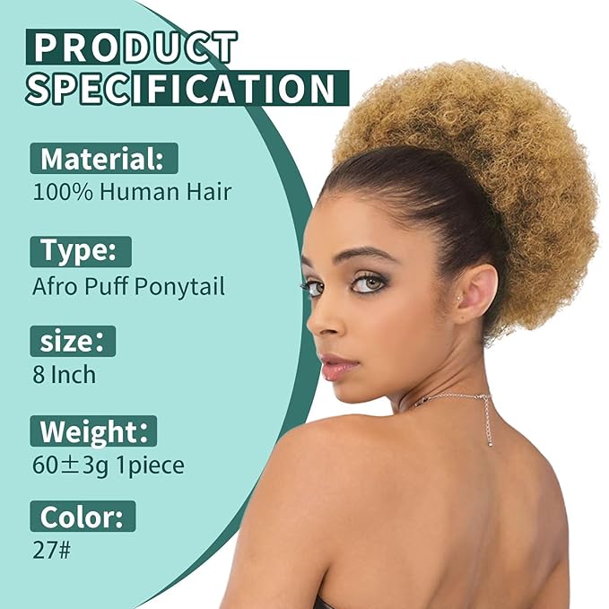 Afro Puff Clip On Human hair Drawstring Ponytail for Black Women,Short Afro Kinkys Curly Afro Bun Extension Hairpiece Ponytail Extension 8 Inch #27 Honey Blonde 60g