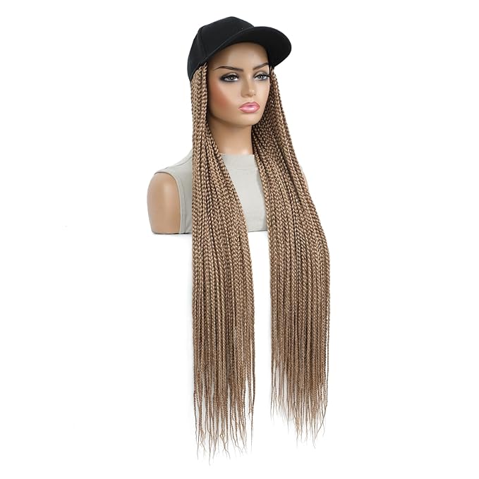 Braided Baseball Cap Wig Box Braid Hair Extensions with Hat golden brown Cap Wig with 30inch Long Synthetic Braiding Hair for Women (30in-27)