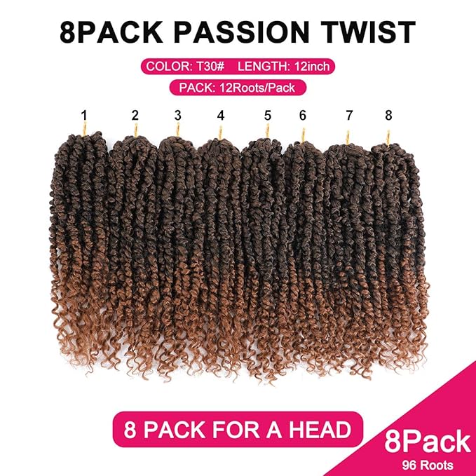 Passion Twist Hair - 8 Packs 12 Inch Passion Twist Crochet Hair For Women, Crochet Pretwisted Curly Hair Passion Twists Synthetic Braiding Hair Extensions (12 Inch 8 Packs, T30)