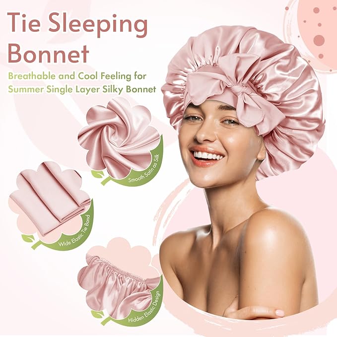 BONNET QUEEN Silk Bonnet for Sleeping Women Satin Bonnet Night Sleep Cap Wrap for Curly Hair with Adjustable Tie Band, Single Layer, Cream Pink