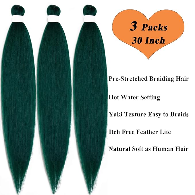 Long Green Braiding Hair Pre Stretched 30 Inch Dark Green Hair For Braiding, Pre Stretched Braiding Hair Extensions For Braids Synthetic Bundles, Yaki Non Toxic Hypoallergenic Braiding Hair