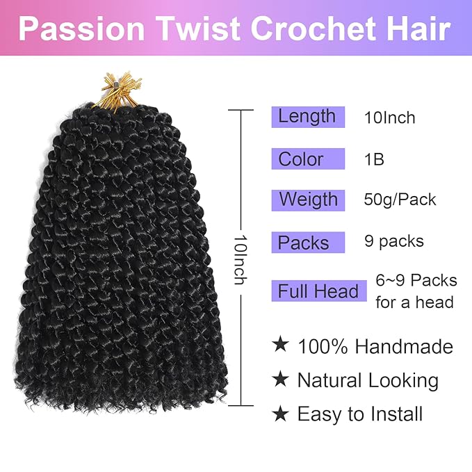 8 Inch Ombre Color Passion Twist Crochet Hair for Women 9 Packs Water Wave Short Twist Crochet Hair Curly Pre-looped Braiding Hair Extensions For Butterfly Locs Braids 1b27