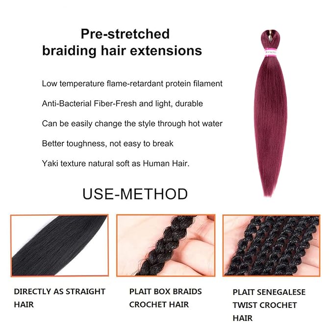 Burgundy Braiding Hair Pre Stretched 20 Inch 8 Packs Braiding Hair Extensions for Crochet Box Braids Twists Locs Hair Itch Free Soft Yaki Texture Hot Water Setting (20inch,#Burgundy)