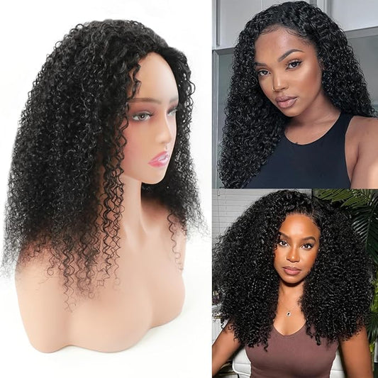 Kinky Curly Half Wig Human Hair 200% Density Wear Go Glueless Wigs Human Hair 20 Inch Curly 3 In 1 Half Wigs for Women Drawstring Seamless Flip Headband Wig Beginner Friendly