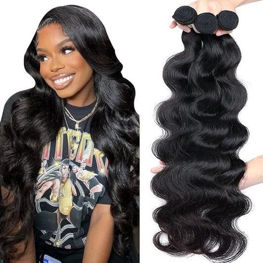 Human Hair Bundles Body Wave 100% Unprocessed Brazilian Virgin Hair(22 24 26 Inch)12A Body Wave Bundles Weave Bundles Human Hair Thick Ends for Black Women Natural Color