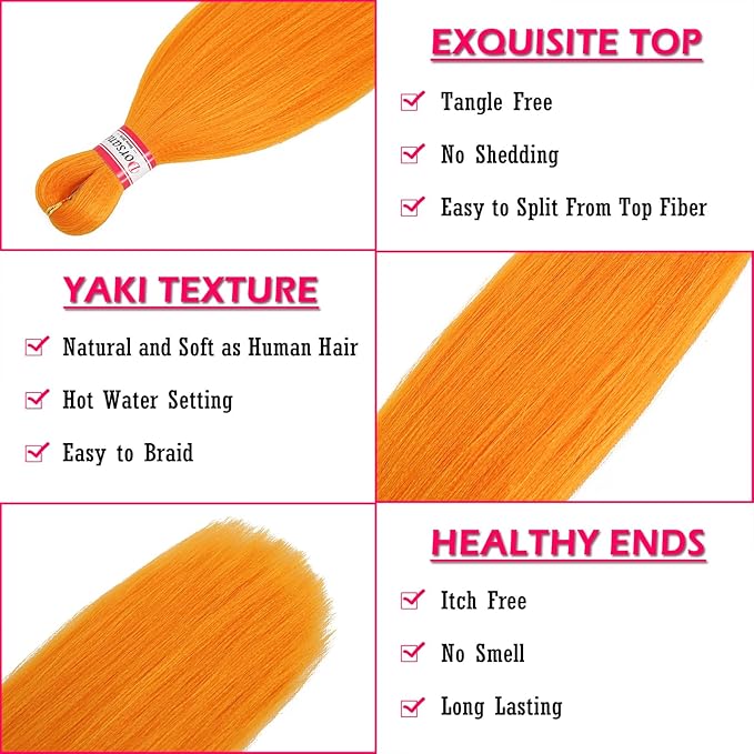 Dorsanee Orange Braiding Hair Pre Stretched 20 Inch 3 Packs Professional Easy Braiding Hair for Crochet Braids Twists Locs Hair Soft Yaki Texture Hot Water Setting Synthetic Hair Extensions