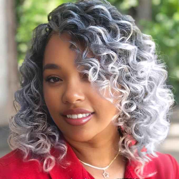 Leeven 10 Inch Pre Looped Curly Crochet Hair 8 Packs Ombre Gray Boho Ocean Wave Crochet Hair Short Ocean Braids Pre Twisted Synthetic Deep Wavy Crochet Hair for Women