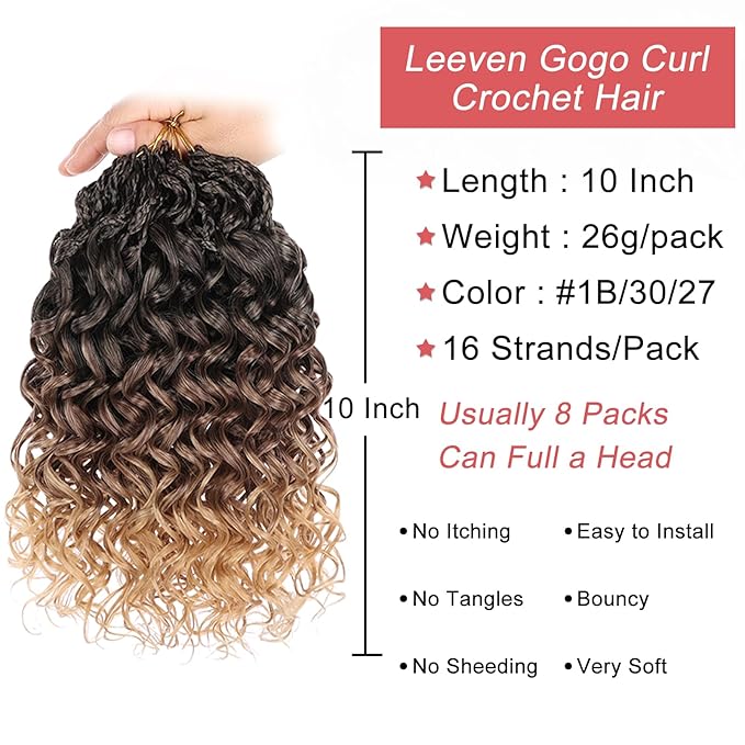 Leeven 10 Inch Gogo Curl Crochet Hair 8 Packs Ombre Brown to Honey Blonde Ocean Wave Crochet Hair Pre Looped Deep Twist Goddess Box Braids Short Curly Water Wave Synthetic Hair for Women Girl Kids