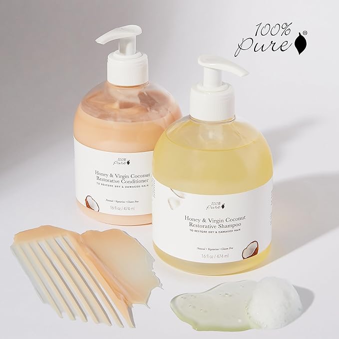 100% PURE Restorative Conditioner Honey & Virgin Coconut Moisturizer & Repair Replenishing Nutrient Boost for Dry Damaged Hair, Promotes Healthy Growth for Women & Men Sulfate Free - 16 Fl Oz