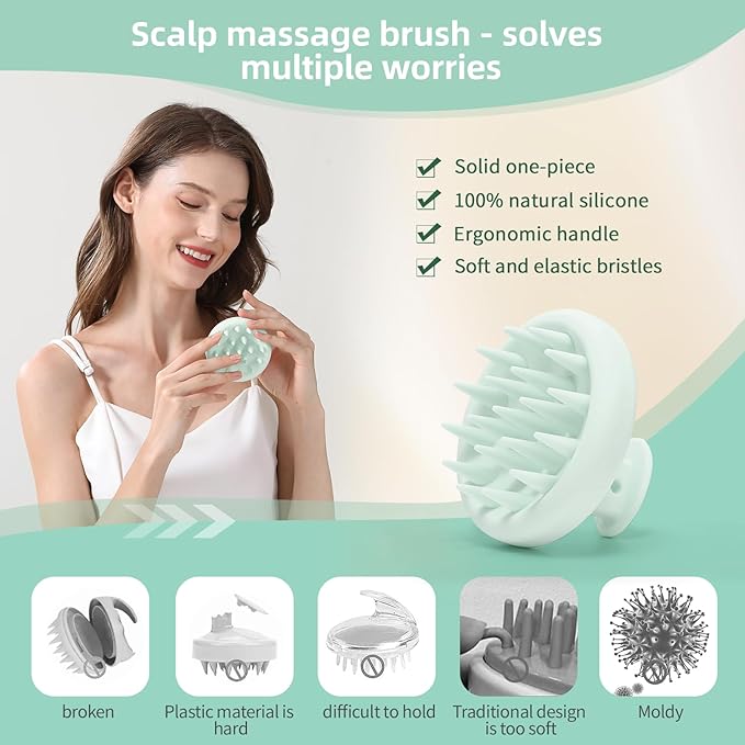 Scalp Massager Shampoo Brush, Scalp Massager Hair Growth & Dandruff Removal, Scrubber Scalp with Soft Silicone Bristles, Wet&Dry ‌Hair Brush for All (Mint Green)