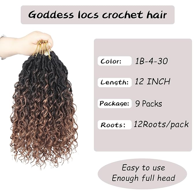 Goddess Locs Crochet Hair 12 Inch 9 Packs Synthetic Faux Locs Crochet Hair for Black Women, River Locs Hair Extensions Style Pre looped Crochet with Curly Ends