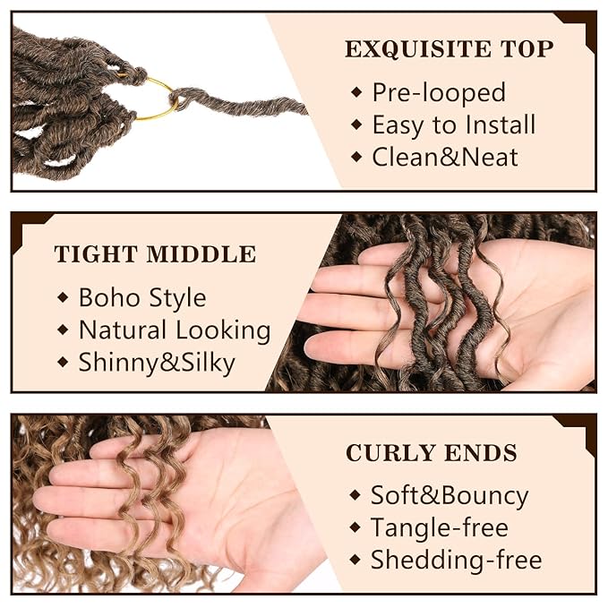 COOKOO 8 Packs Goddess Locs Crochet Hair 18 Inch 14 Strands/PCS Bohemian Faux Locs Crochet Hair with Curls at the Ends Curly Locs Hair Pre Looped Crochet Braids Synthetic Hippie Locs Hair T27