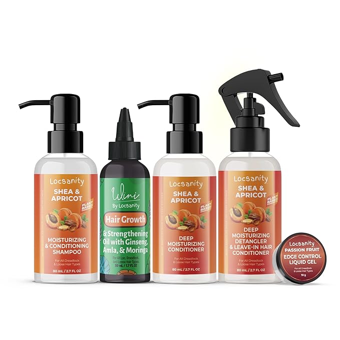 Locsanity Natural & Organic Loose Natural Sample Travel Kit, Gentle 2-in-1 Shampoo/Conditioner, Deep Moisturizing Conditioner, Hair Oil, Detangler Leave-in Conditioner, Smooth Liquid Edge Gel