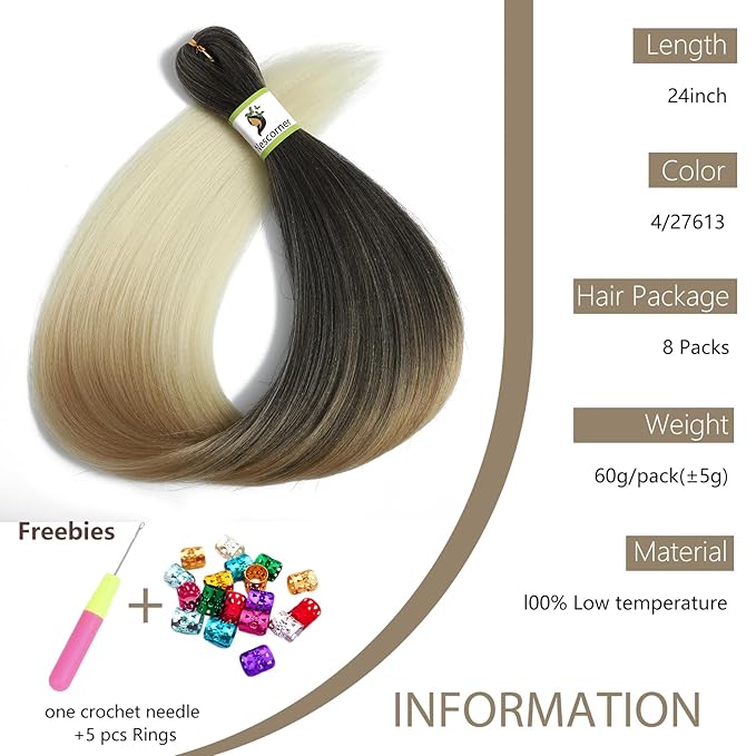 Pre Stretched Braiding Hair Omber - 24inch 8 Packs Braid Crochet Hair Hot Water Setting Professional Soft Yaki Texture (4/27/613)