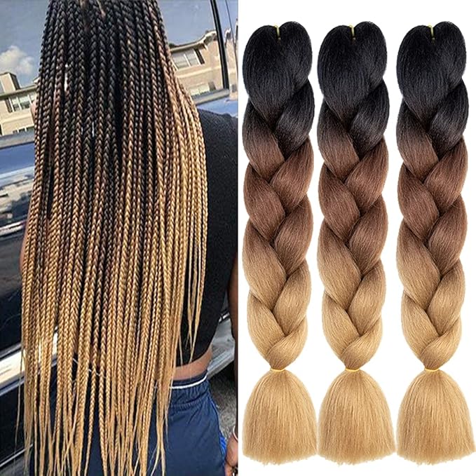 Xiaofeng Braiding Hair Extensions for Women 3 Packs 100g/Pack 24Inch High Temperature Ombre Jumbo Synthetic Braiding Hair for Twist Crochet Braids (24 Inch (Pack of 3), black-deep brown-brown-3Pcs)